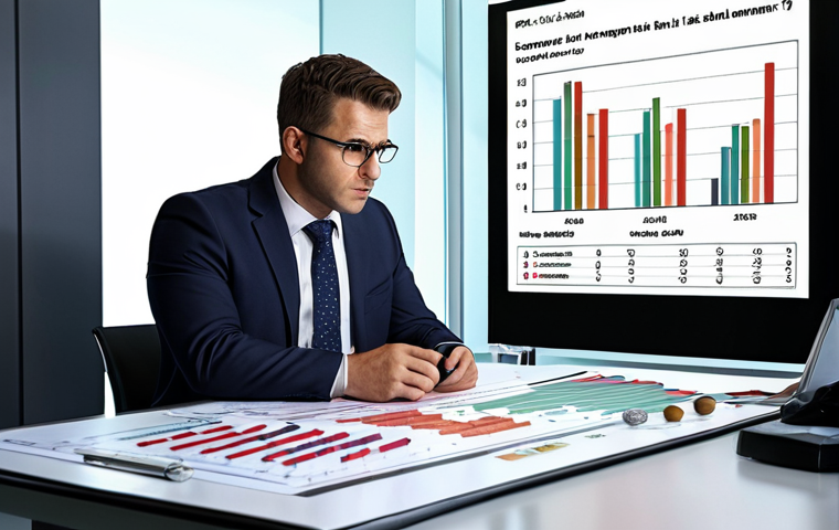 **Risk Management Expert:** A confident Financial Risk Management (FRM) professional in a modern bank setting, advising on financial risks with data charts visible. The scene should convey expertise and trustworthiness.