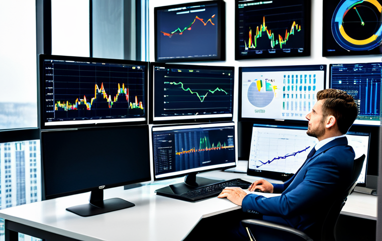 A highly competent male FRM certified professional, fully clothed in a modest business suit, sitting focused at a large desk in a sleek, modern financial office. Multiple large monitors display complex financial data, vibrant charts, and risk assessment models, illustrating the integration of data science and AI in risk management. The overall atmosphere is one of professionalism and deep analytical thought, reflecting expertise and confidence. fully clothed, modest clothing, appropriate attire, professional dress, safe for work, appropriate content, perfect anatomy, correct proportions, natural pose, well-formed hands, proper finger count, natural body proportions, professional photography, high quality.